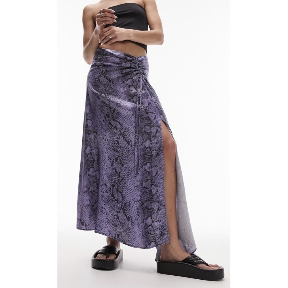 Topshop Skirt‎ Size 4 Purple Snake Print Ruched High Slit Midi Casual